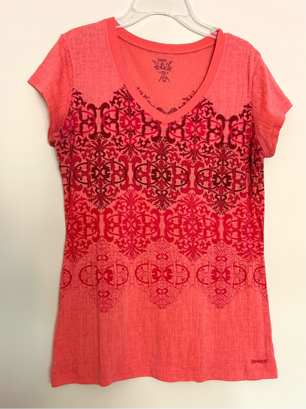 Reebok Women’s Coral and Dark Pink V-Neck Short Sleeve Tee